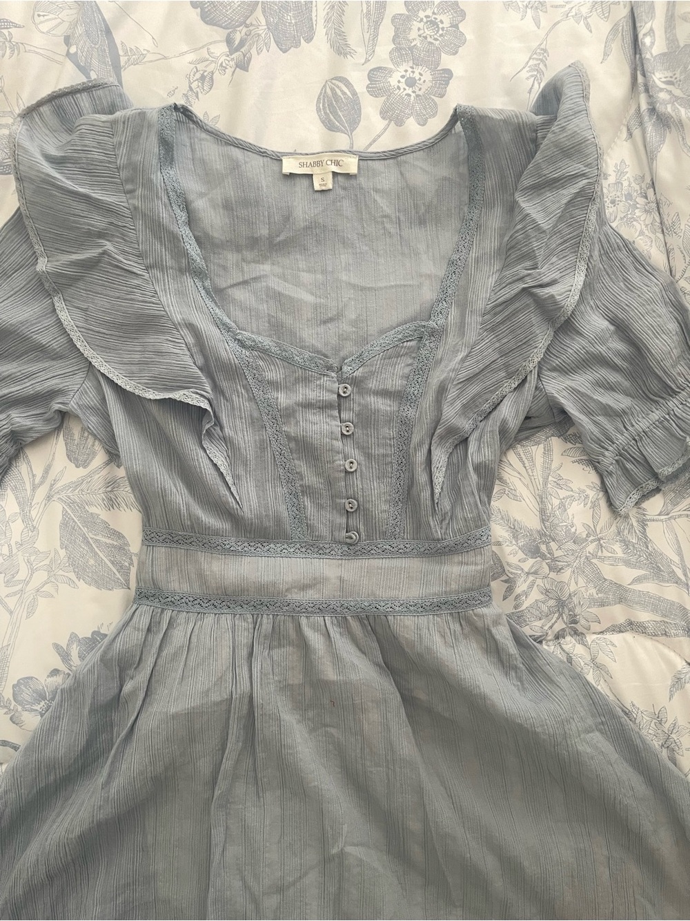 Shabby Chic Dusty Blue Lace-Trim Button Front Top